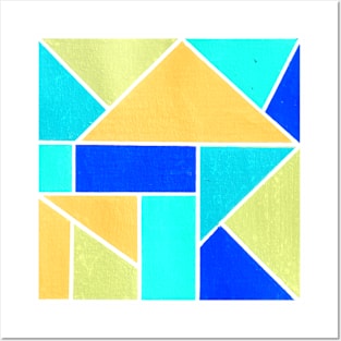 Inverted Blue Green Yellow Geometric Abstract Acrylic Painting Posters and Art